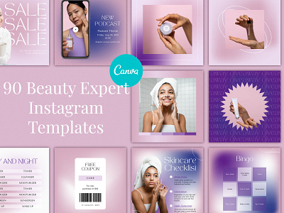 90 Instagram 'Beauty Expert' Post Templates for Canva beauty feed beauty templates branding canva templates design editable templates graphic design