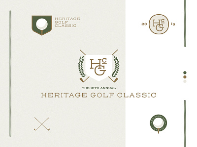 Heritage Golf Classic 2019 beige branding classic design gold golf heritage idea identity leaves logo monogram olive shield sports system tiger tournament typography