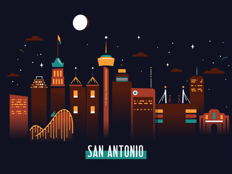 San Antonio, Texas aiga alamo award buildings city design downtown illustration lonestar night rollercoaster sa san antonio skyline southwest starry texas towers tx vector