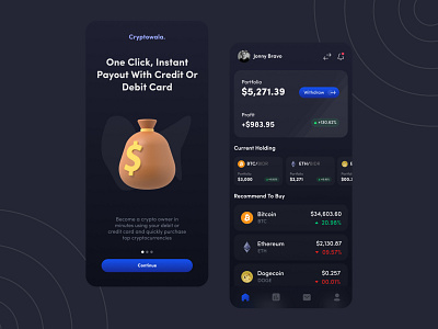 Cryptowala App 3d app crypto dark design finance illustration mode money profit ui ux