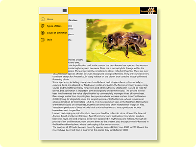 Beeopedia Landing page with slider menu adobe adobexd app bees black branding design desktop application graphic design icon minimal typography ui uidesign ux uxdesign web webdesign website yellow