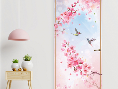 Decorative Sakura Door Artwork artwork bird design door garden graphic design hummingbird illustration japan print sakura
