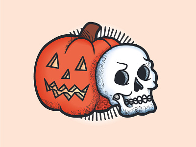 Jack and Skull american traditional halloween illustration jack o lantern pumpkin retro skull stipple tattoo vintage