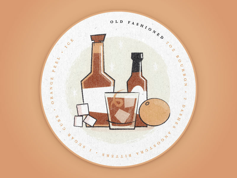 Old Fashioned Coaster baskerville design illustration coaster bar whiskey matchbox vintage cocktail old fashioned bourbon orange