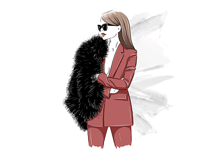 Stylish Woman In Fur And Glasses art business fashion fashion illustration fur girl boss illustration red lips sketch
