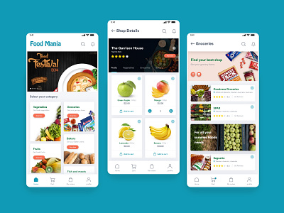 Food Mania mobile application UI adobe animation bakery branding delivery design food fruits graphic design groceries illustration logo organic selling typography ui ux vector vegetables xd