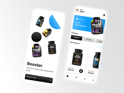 Booster- Supplement ECommerce Mobile UI 3d branding design ecom graphic design illustration logo mobile supplement typography ui ux vector