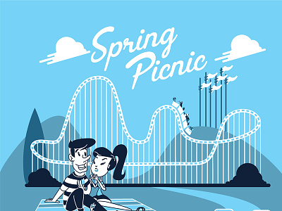Spring Picnic blue cartoon illustration kid mod picnic print design roller coaster screen printing six flags spring vector