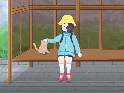 Girl and Cat on a Rainy Morning art cat illustration rain