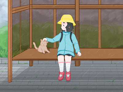 Girl and Cat on a Rainy Morning