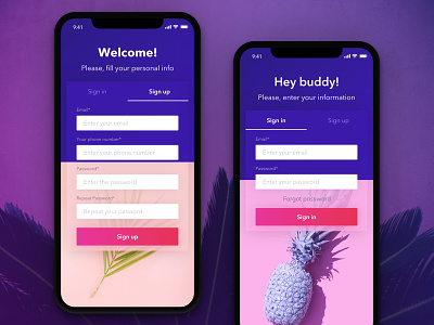 Sign in and sign up screens for traveller app authorization gradient interface login purple register sign in sign up ui ux