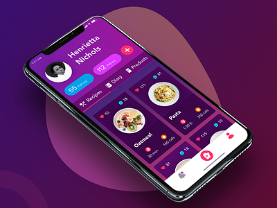 User profile cards cooking app diary food iphone x kitchen pasta products profile purple recipes