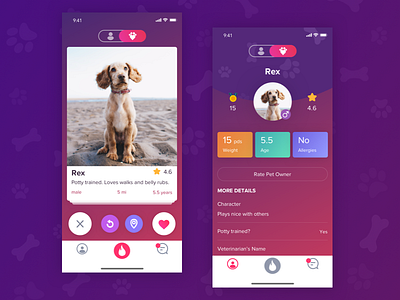 App for pets app cards mobile pets profile share swipe tinder ui ux
