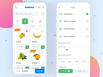 App for online grocery order catalog delivery delivery app delivery food design filter food food app grocery interface ios market mobile orders product products ui