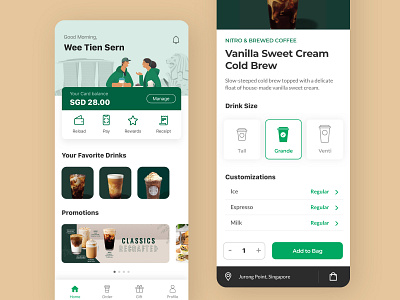 Starbucks App Redesign add to cart animation app coffee ecommerce green illustration interaction design microinteraction motion design order starbucks ui uiux ux