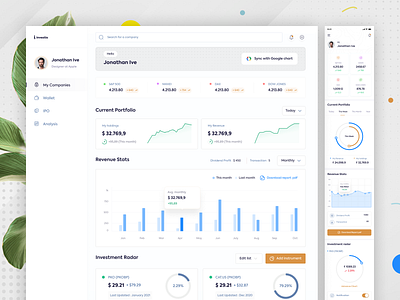 Investio Dashboard Design analytics bar graph branding cards charts dashboard data enterprise graph investment landing page payment premium pricing responsive statistics stock market ui webapp website