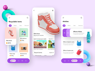 Recycling app 3d animation app articles brand branding cards design icon illustration logo news product images recycling shoes ui unsplash ux vector