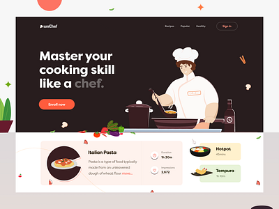 Recipe landing page animation app branding chef cook cooking design food icon illustration logo orely recipe swiggy tomato ui ux vector vegetables zomato