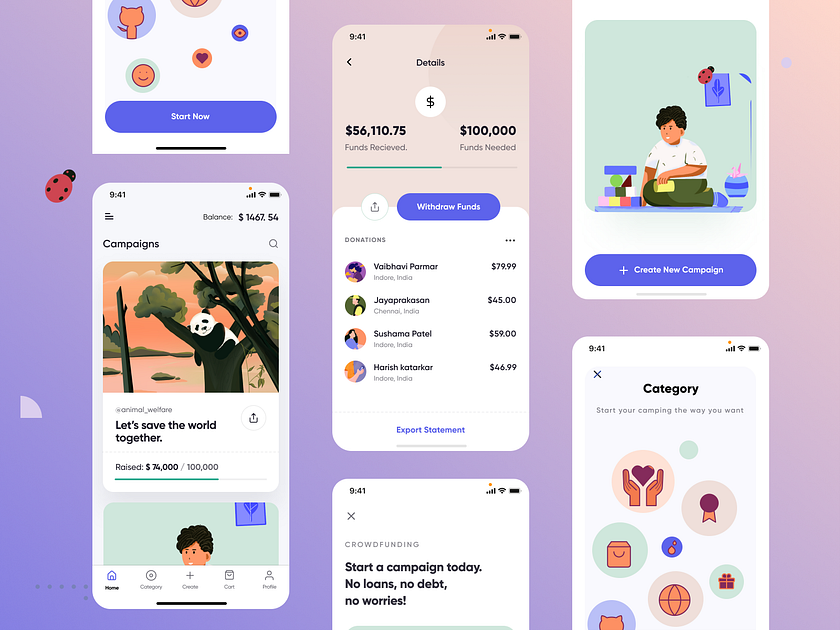 crowdfunding mobile app design by Galaxy UX Studio on Dribbble