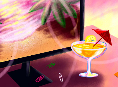 Sometimes teamwork looks like not working blog break cocktail desk drink illustration nonprofit pink procreate procreate app sunset teamwork vacation