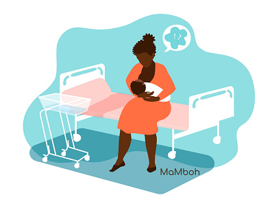 Breastfeeding mom in Labor ward. black woman breastfeeding concept depressed flat illustration illustrations mental health mom mother postpartum support vector vectors
