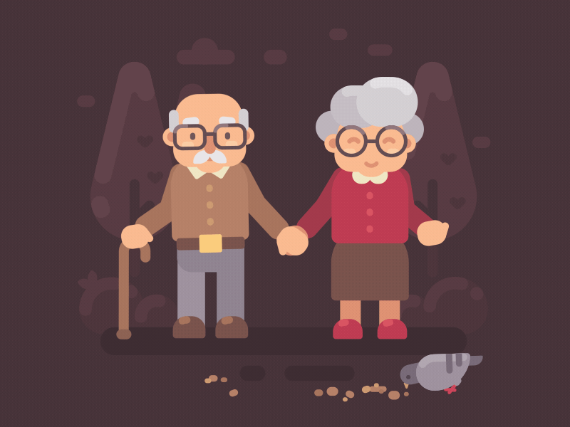 Happy old couple animation character couple feeding love nature park pigeon