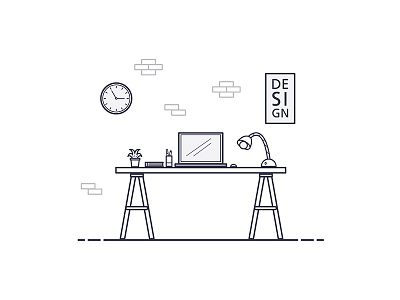 Home work station 01 clock design desk home lamp laptop minimal station vector