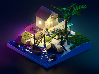 Dream house Nightshift 3dillustration blender dock house illustration isometric lowpoly night