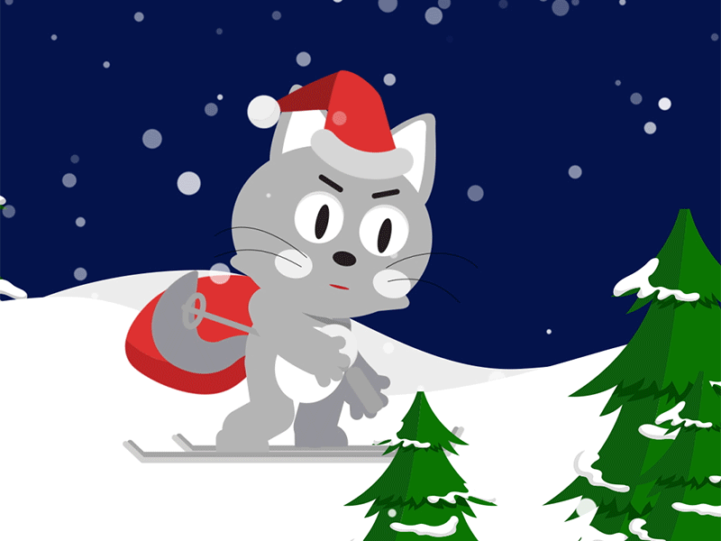 Cat Christmas animated gif cat christmas christmas tree flatdesign gift illustration loop santa claus santaclaus skiing