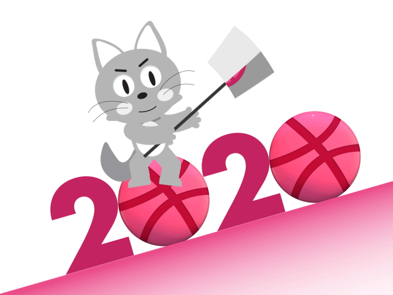 Happy New Year 2020 cat dribbbler flag illustration waving