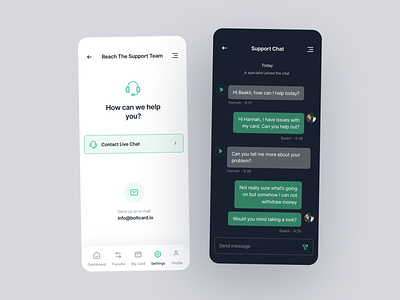 BoltCard - Support Chat app chat application chat chat bot chatting clean communication conference conversation dark version help in app chat interface livestream minimal mobile people remote support chat zoom