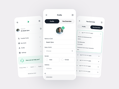BoltCard - Settings/Profile add accounts edit bank account add photo user settings app clean design edit user credentials edit user information fee overview finance app fintory minimal mobile app user page design mobile product design settings settings ui ui user ux