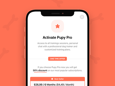 Pupy App - Pupy Pro activate pro app design app store subscription clean dog training app fintory mobile app mobile application subscription native subscription one time offer paid membership pro app upsell screen pro subscription app design pro subscription modal product pupy app subscription design subscriptions design ui upsell