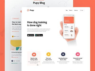 Pupy - Landing Page / Blog blog page brand experience branding color design agency dog learning app email marketing features fintory interface design learning app modern website pupy responsive layout solutions typography ux visual identity website website project