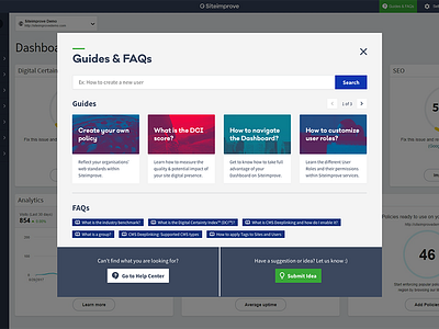 Siteimprove Guides & FAQs faq guides modal popup window