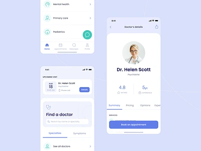 Minimalistic Telemedicine App app appointment booking categories doctor ehealth home homepage medicine medtech menu minimalistic mobile app patients physician profile search telehealth telemedicine ui