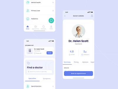 Minimalistic Telemedicine App app appointment booking categories doctor ehealth home homepage medicine medtech menu minimalistic mobile app patients physician profile search telehealth telemedicine ui