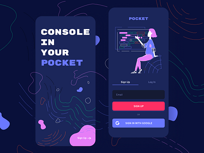 Mobile Console App - Splash & Sign Up black theme dark mode design illustration interface ios mobile pattern registration sign up splash screen ui ux vector