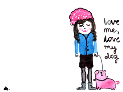 love me. dog funny girl humor illustration love pet piglet poop watercolor