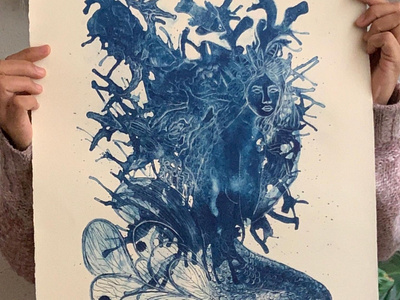 Blue mermaid / Lithograph engrave illustration womanillustration