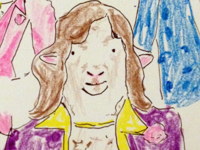 Yougee bah-gee you-gee 15 minutes beegees crayon drawing prompt flowing hair gold chain retro sheep sketch