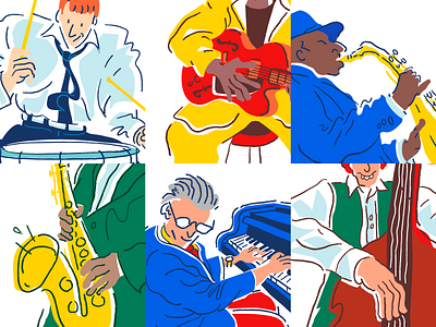 Jazz band 6 - grid view cartoon character comic drawing drums grid guitar illustration illustrator ipad jazz minimal music musician musicians piano procreate saxophone vector weird