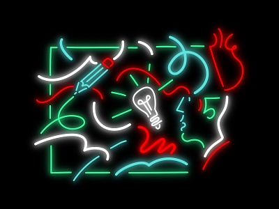 Creativity. Let it Glow! brain bright creativity dark flashy glow illustration illustrator ipad light bulb line art lineart lines minimal neon neon light neon sign procreate sketch vector