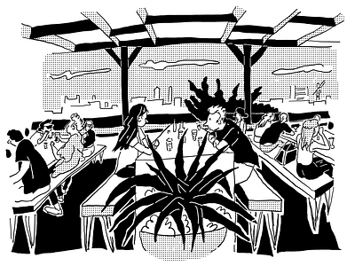 Rooftop Bar bar black and white character comic drawing drinks half tone illustration illustrator landscape minimal music negative space peckham people procreate roof rooftop simple sketch