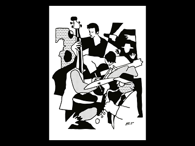 Jazz poster abstract black and white character comic cubist dots graphic design halftone illustration illustrator jazz minimal music musicians negative space pattern poster procreate saxophone vector
