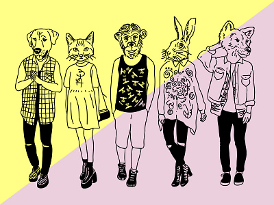 Party Animals animals bear cat characters dog fashion hare illustration monkey pink weird yellow