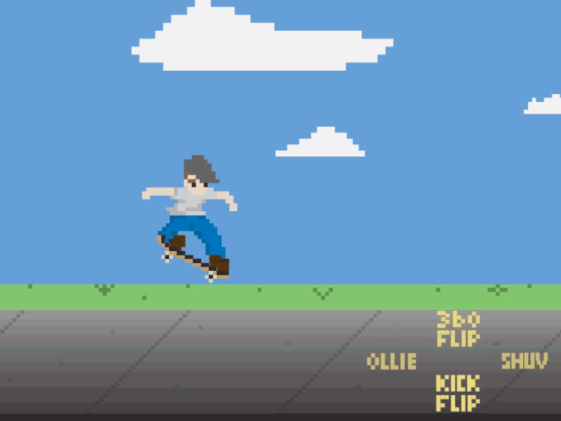 The 8-bit Skateboarder prototype 360flip 8-bit adobe illustrator after effects animation buttons kickflip looping ollie paralax prototype shuvit skateboard skateboarder you.i