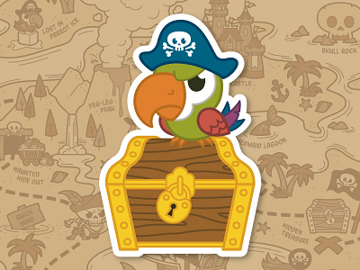 Plunderin' Polly angry character design chibi cute parrot party pirate scrapbook sticker treasure chest treasure map x marks the spot
