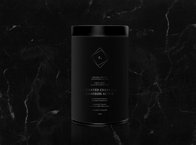 C. Activated Charcoal Powder Branding and Packaging 3d modelling adobe illustrator adobe photoshop black branding charcoal design gloss graphic design label leather lighting marble matte packaging spotlight