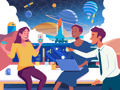 Startup Launch beginning character character design company editorial illustration launch meeting office planets rocket sky space spaceship stars starsky start startup videochat